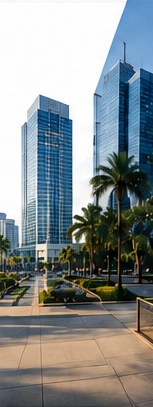 Modern glass office buildings and palm trees, from the approved campaign artwork